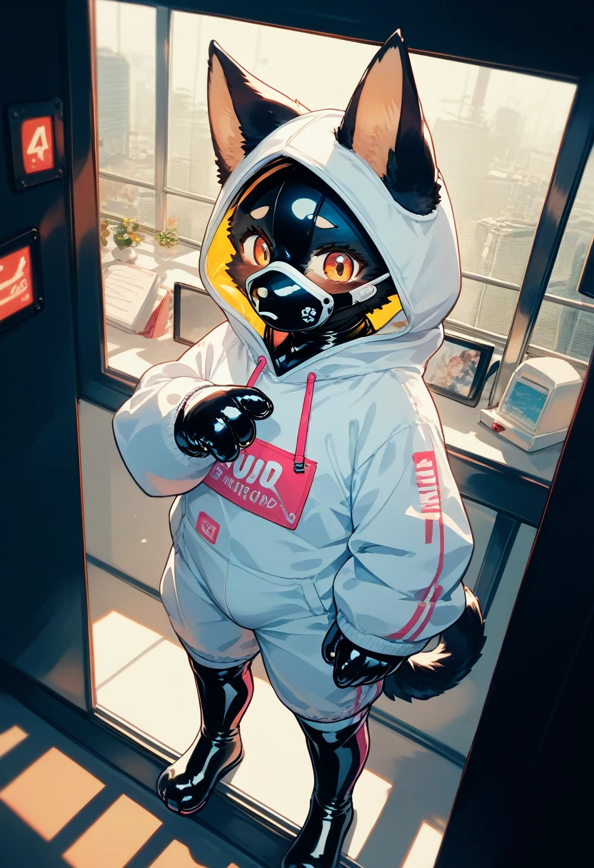 Highest quality, Highest quality, High quality illustrations, masterpiece, Ultra-high resolution, Detailed Background, Games Room, Absurd, Perfect Anatomy, performance, Good lighting, Shadows in the movies(kemono, Furry PersonifiCation), Cat, Dark Skin, Rubber suit, Rubber suit, latex, neon, neonライト, neonカラー, Rubber spats, White rubber hoodie,  Rubber mask, ribbon, Embarrassing, Null bulge, male, juvenile, From above