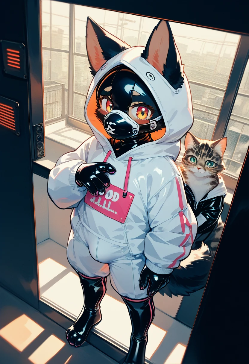 Highest quality, Highest quality, High quality illustrations, masterpiece, Ultra-high resolution, Detailed Background, Games Room, Absurd, Perfect Anatomy, performance, Good lighting, Shadows in the movies(kemono, Furry PersonifiCation), Cat, Dark Skin, Rubber suit, Rubber suit, latex, neon, neonライト, neonカラー, Rubber spats, White rubber hoodie,  Rubber mask, ribbon, Embarrassing, Null bulge, male, juvenile, From above