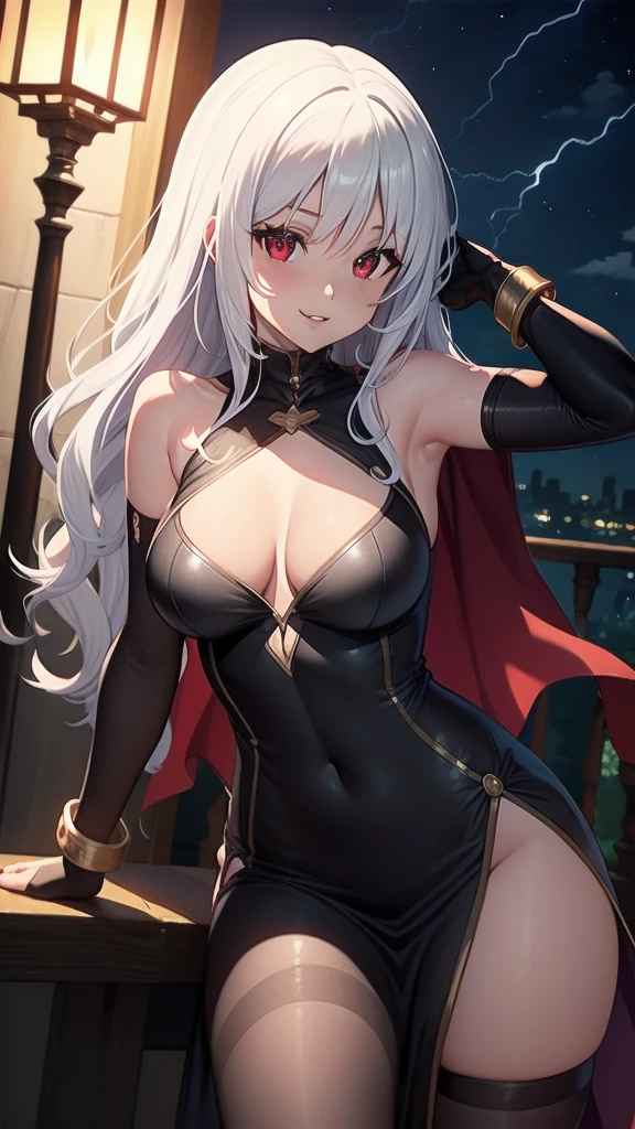 masterpiece, best quality, solo girl, white hair, red eyes, long hair, ,  body and face, wavy hair, smile, parted lips, gradient clothes, dress, elbow gloves, sleeveless,  shoulders, cape, boots, bracelet, sleeveless dress, ribbon, black gloves, turtleneck, short dress, pantyhose, black footwear, night,  pose, cowboy shots, detailed body, face, and eyes, sharp focus, vibrant, creative, dynamic, high definition, high resolution, 8k, (Upscale: R-ESRGAN 4x+ Anime6mage enchance:4x), voluptuous body, cinema lightning, dakimakura style, looking at the viewer,