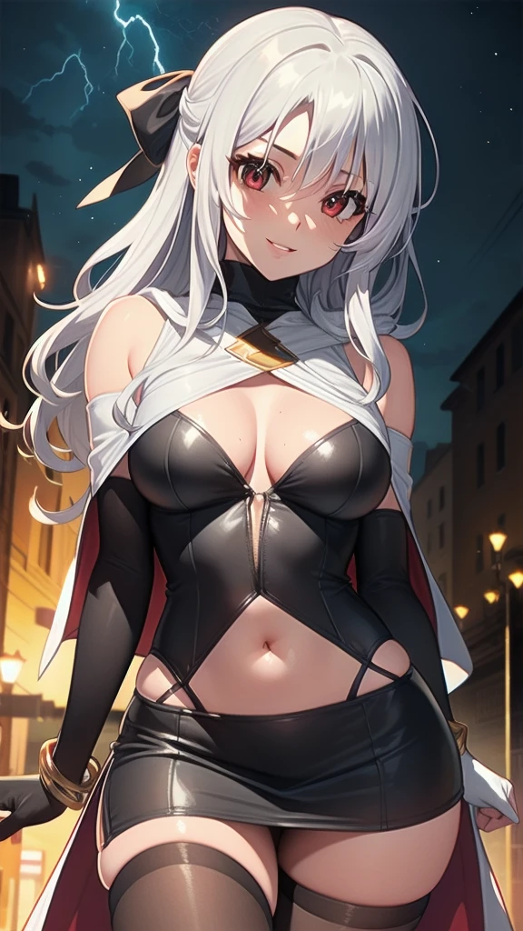 masterpiece, best quality, solo girl, white hair, red eyes, long hair, medium breasts, sexy body and face, wavy hair, smile, parted lips, gradient clothes, dress, elbow gloves, sleeveless, bare shoulders, cape, boots, bracelet, sleeveless dress, ribbon, black gloves, turtleneck, short dress, pantyhose, black footwear, night, sexy pose, cowboy shots, detailed body, face, and eyes, sharp focus, vibrant, creative, dynamic, high definition, high resolution, 8k, (Upscale: R-ESRGAN 4x+ Anime6mage enchance:4x), voluptuous body, cinema lightning, dakimakura style, looking at the viewer,