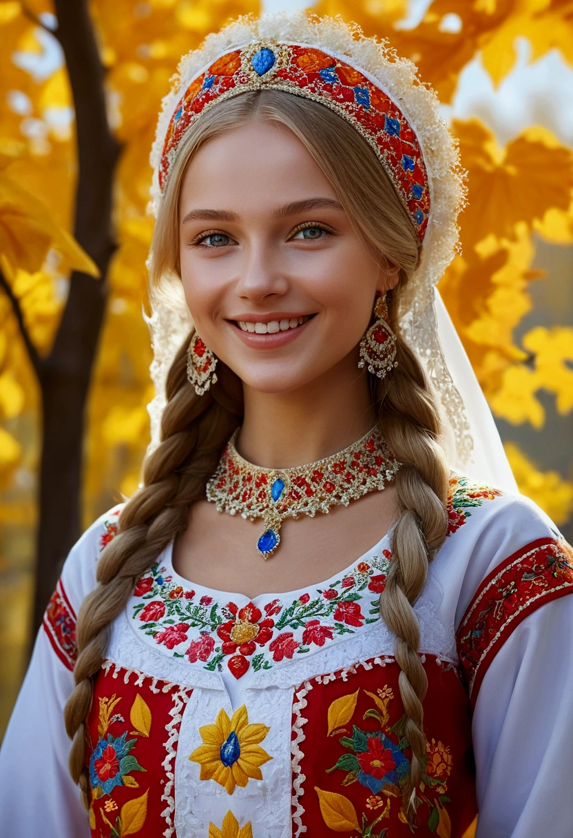 (best quality,4k,8k,highres,masterpiece:1.2),ultra-detailed,realistic, close-up of a smiling Ukrainian girl in a vibrant white national costume with the inscription "I love Ukraine". full body, The girl has beautiful blonde hair and wears stunning makeup that enhances her features. Her eyes sparkle with joy, and her lips radiate a warm and welcoming smile. The costume has intricate embroidery and unique patterns that represent the rich Ukrainian culture. The girl's open neckline accentuates her graceful neck and adds a touch of elegance to the overall composition. The scene is set against a backdrop of breathtaking autumn colors, with vibrant red, orange, and golden leaves adorning the trees. The atmosphere is filled with the warm glow of a sunny day, enveloping the girl and highlighting her beauty. The composition captures the essence of Ukrainian pride, joy, and the love for their country. This artwork is created with the medium of an exquisite oil painting, allowing for meticulous brushstrokes and intricate details. The realistic rendering ensures that every aspect of the girl's appearance and the costume is captured authentically, reflecting the artist's attention to detail. The painting exhibits vivid colors that bring the entire composition to life, making it visually stunning. The lighting in the painting is carefully orchestrated, casting gentle rays of sunlight that softly illuminate the subject, creating depth and adding a touch of magic to the scene.