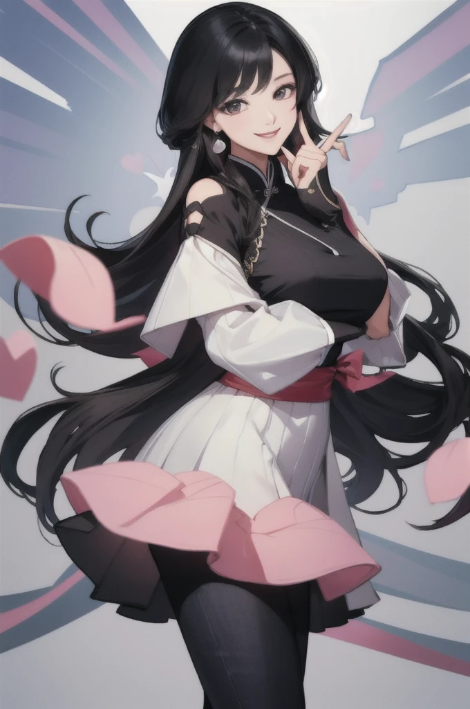 (hands with fingers, Korean heart:1), woman, young, stylish dress, black hair, slanted eyes, smile, happy, Jeggings, Korean