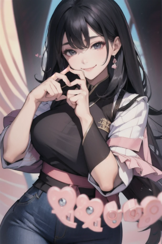 (hands with fingers, Korean heart:1), woman, young, stylish dress, black hair, slanted eyes, smile, happy, Jeggings, Korean