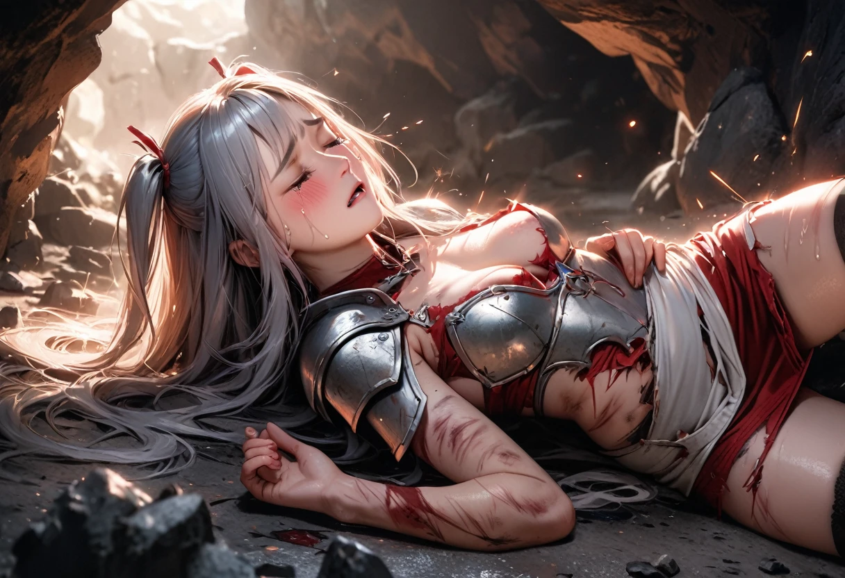 (best quality), (masterpiece), high res, all detailed, perfect anatomy, realistic, (two side up), long hair, silver hair, (red pencil Dress, single shoulders armor and Cape, pencil miniskirt), medium cleavage, black thigh-highs, (injury skin, scar skin, bleeding skin, torn clothes:1.1), Broken Armor, BREAK NSFW, solo, 1girl, lying, on side, leaning back, (closed eyes, tears), sigh, blush, sweat, (outdoors, Cave, stone flooring), sparks, shockwave, stone Debris, cinematic lighting, diffraction spikes, zettai ryouiki, cowboy shot, three quarter view