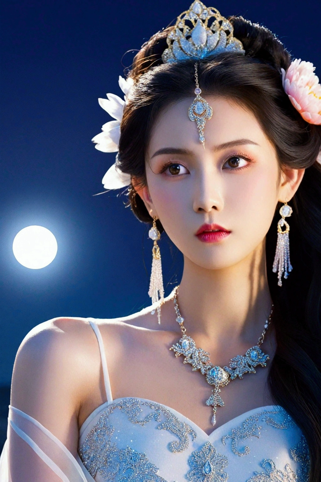 masterpiece， intricate details， 1girl， cheek pinching， Sparkling in the sunlight， Twinkling， White peony floating， The moon， dream， Long eyelash， She wears an ornate crystal necklace and earrings， fish hair ornament， flower-shaped pupils， hair one side up， quin tails， very long white hair， clavicle， Blush， Glitter， In the style of light， The stars are bright， Milky white background， widow&#39;s peak， Seven-minute shot， Surrealism， super detail， best quality， textured skin， high quality,