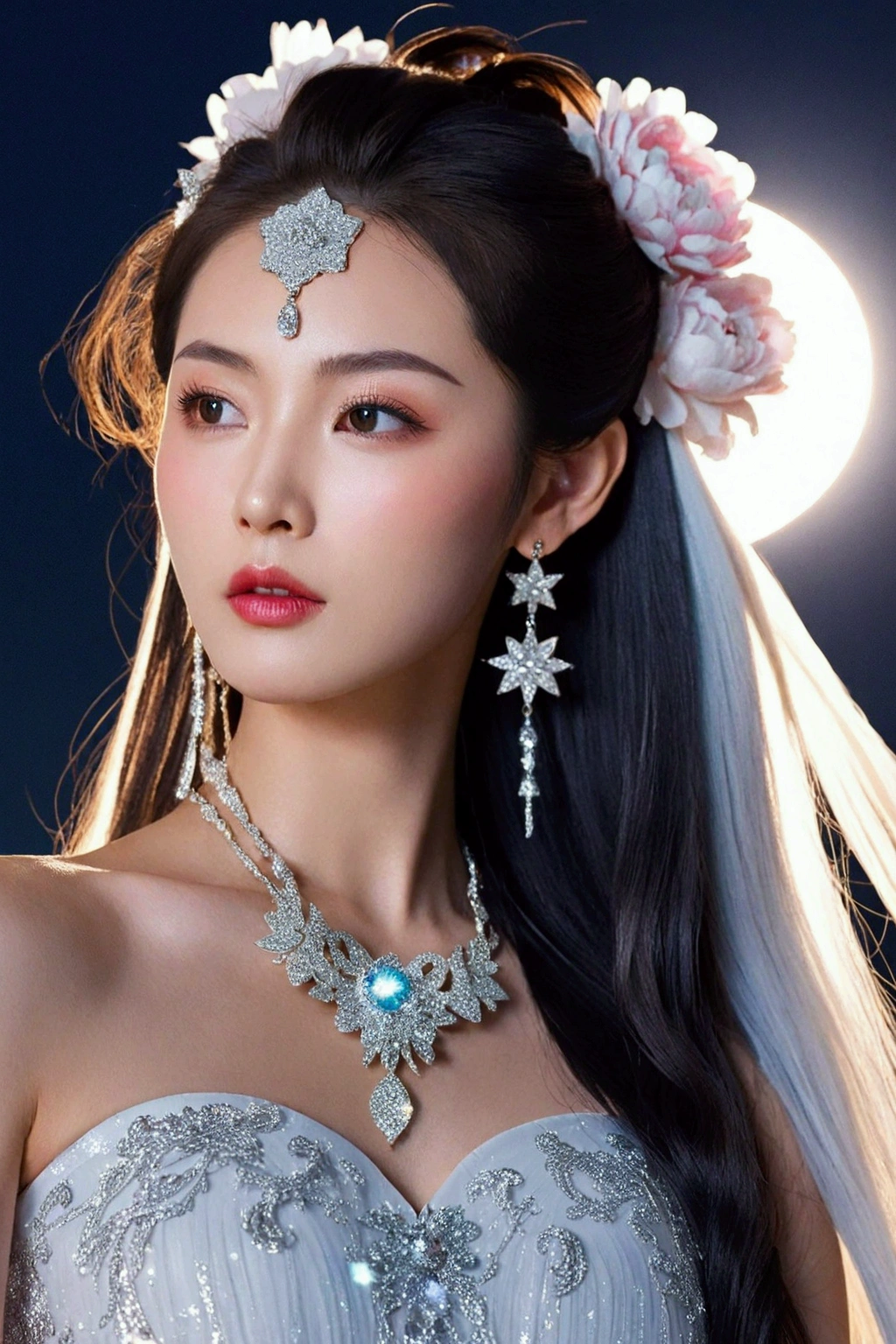 masterpiece, intricate details, 1girl, cheek pinching, Sparkling in the sunlight, Twinkling, White peony floating, The moon, dream, Long eyelash, She wears an ornate crystal necklace and earrings, fish hair ornament, flower-shaped pupils, hair one side up, quin tails, very long white hair, clavicle, Blush, Glitter, In the style of light, The stars are bright, Milky white background, widow's peak, Seven-minute shot, Surrealism, super detail, best quality, textured skin, high quality,