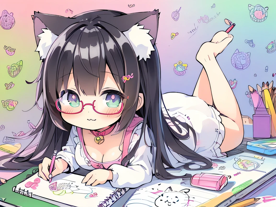 ((masterpiece)), ((best quality)), (ultra-detailed), ((kawaii)), cute, (lovely), illustration, anime style, (chibi:1.2), white sundress, (beautiful eyes), beautiful black hair, (long hair), (cat ears:1.1), slim, slender, glasses, medium breast, (on stomach, lying), (holding colorful crayons:1.3), (:3:1.2), (Doodling in a large sketchbook:1.6), Looks like a lot of fun.