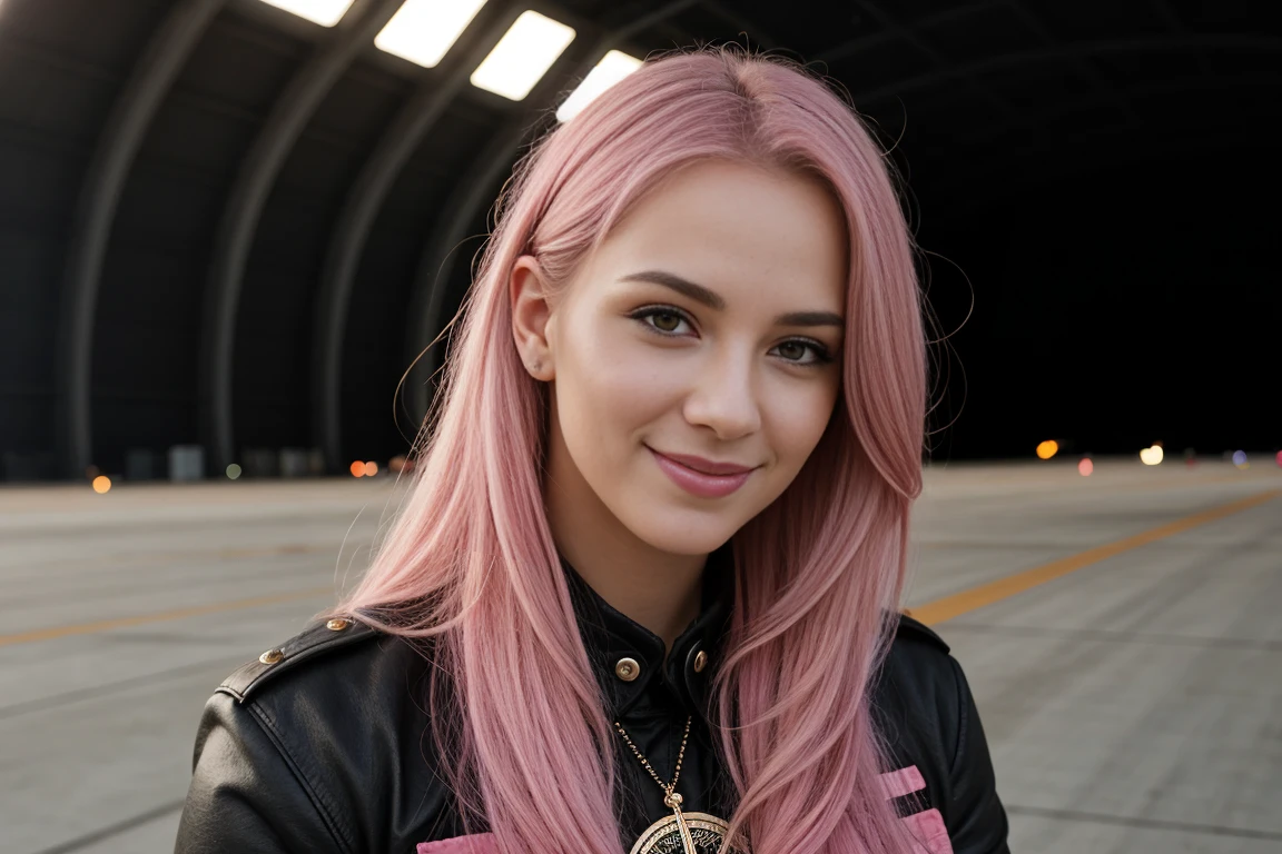 ((cinematic shot)) DV_pinky_Vicious has long curly pink hair and a cute smile and is wearing a heroine outfit. (Inside an airplane hangar overlooking the airfield) explosion, por Christopher Nolan, 35mm, F/2.8, Incredibly detailed and intricate, character, hypermaximalist, elegant, florida, beautiful, exotic, developer, attractive, attractive, lover, Hyper realistic, super detailed, trend on flickr