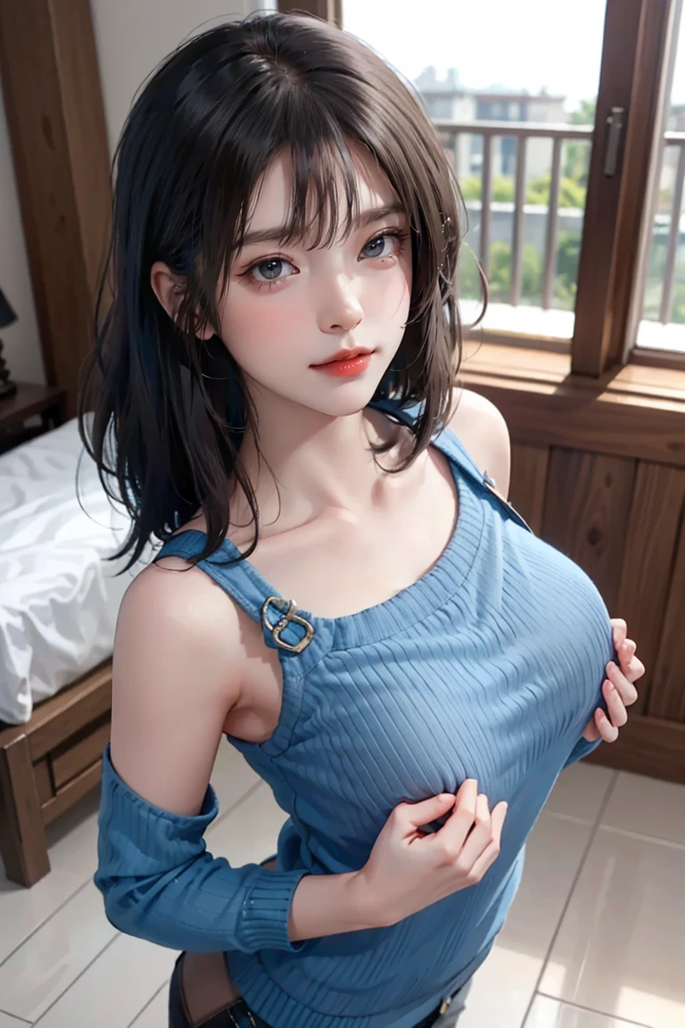 ((Highest quality、Best image quality、Ultra-high resolution、Ultra-high resolutionで描画、solo、Please look closely at the camera、Bright aquamarine blue eyes、Very beautiful adult Nordic woman、Strong eye highlights))、1 girl、Realistic、Depth of written boundary、Natural soft light、Daytime、attractive、Beautiful Face、Cleanliness、Pure Face、White skin、cute、short hair、Beach、Light of the sun、nedium chest、Esbian all over、((Dark blue sweater、Quite thick shoulder straps,、Roll up your sleeves and stick your arms out、黄金比のBeautiful Face、{huge|big|hugeな|Mega} chest, chestの谷間、Very beautiful large breasts、Beautiful and very large breasts、私はchestを開いた、Show to the audience、Expose your hips、Expose your shoulders、Lean forward to show off your chest))、Long neck、Listen carefully、Neat short bob with bangs、Very smiling、Perfect Fingers、Perfect hands、Perfect body、Perfect Face、Shine a light into your eyes、Perfect Anatomy、Tall Supermodels、Long-legged supermodel、Supermodel with a Long neck、Broad shoulders、Arms hang down at sides、stand、Bust seen from slightly above、Bright windowsill background、Smile at the audience、Laughter、smile、今日はとてもbig、Beautiful Teeth、Beautiful Teeth alignment、chestを大きく開く、Beautiful décolletage、Very beautiful sexy woman in revealing clothes、Keep an eye on your audience、Look up at the viewer slightly above、Look up a little、Shadow Fade、A little bit of natural light comes in from all directions.