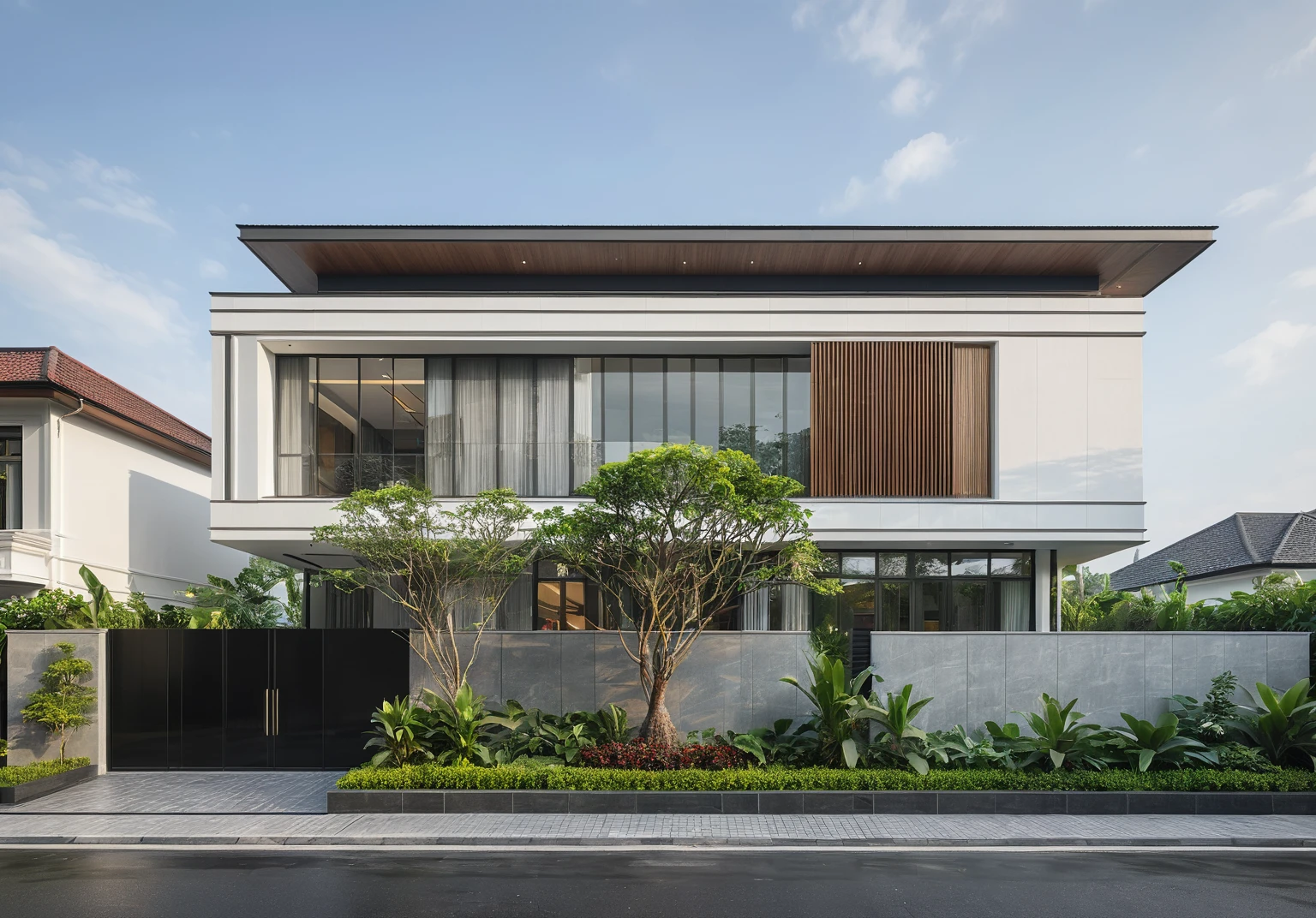 modern villa on street, (daylight), tropical tree, green shrub and plants, vivid color, streetcapes, minimalist design, brigth grey tone, (large glass door:1.2), warm interior lighting, modern material, best quality, ultra realistic, masterpiece,