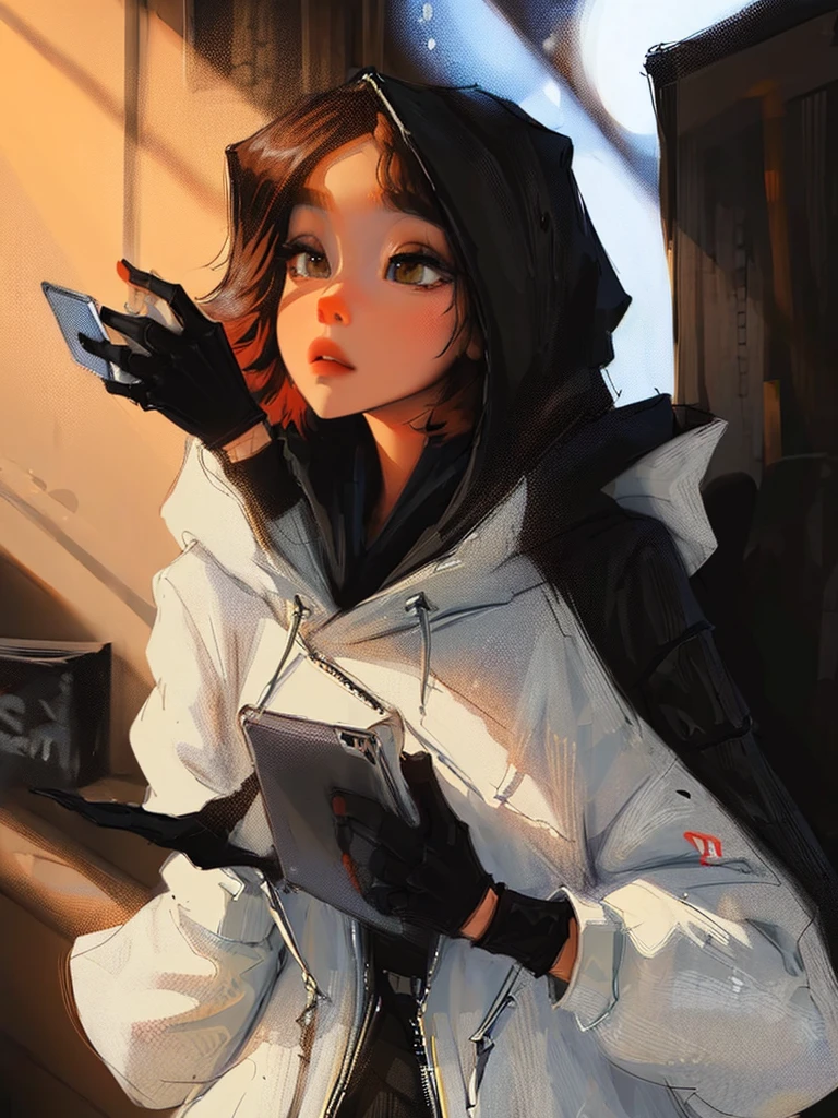 (((onli one woman))) girl, red short hair, Bob style hair, white skin, light brown eyes, (((black gloves))), (((black hoodie))), black pants with straps (((Girl using smartphone))) background room