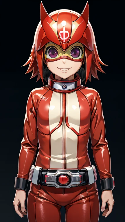 (8k),(masterpiece),(Japanese),(8-year-old girl),((innocent look)),((Childish)),From the front,smile,cute,Innocent,Kind eyes,Flat chest, Namida Suzumeno,Kamen Rider,Red helmet, pale brown superhero mask,camisa,no Hair,night,dark, Neon light cyberpunk Konoha village