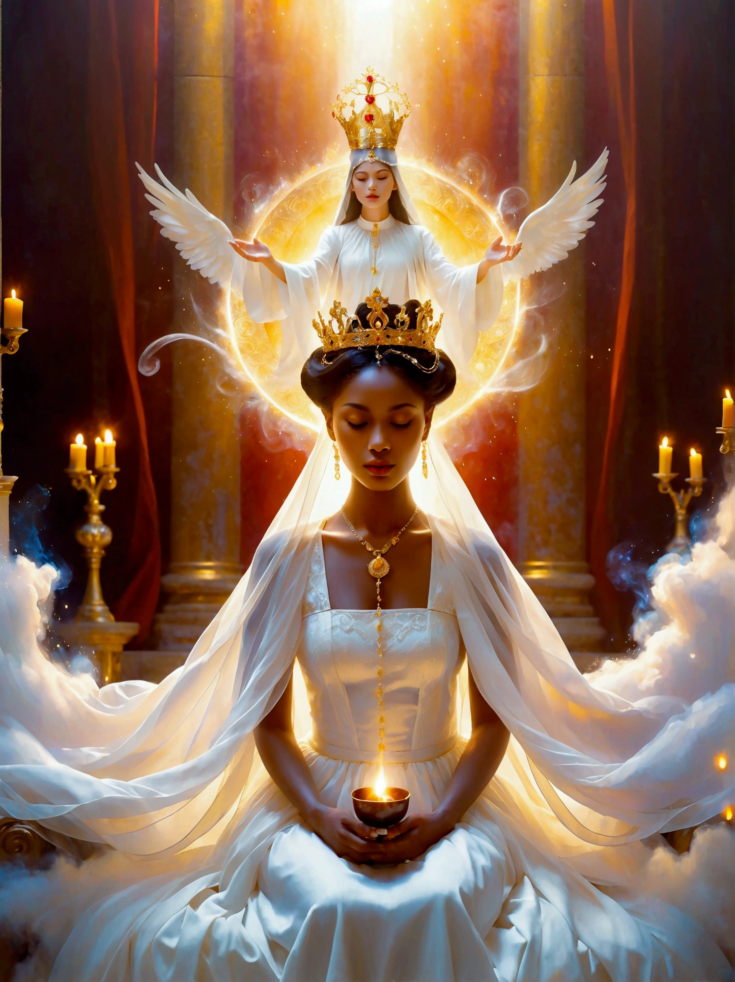 An effervescent woman, whose features represent a beautiful blend of multiple races, is seen seated on a throne in a fantastical city, reminiscent of descriptions of New Jerusalem, She radiates with an ethereal glow, embodying an essence of pure light. Her gown, a masterful design of purely white, is flowing and subtly merging into billows of white smoke that seems alive, evocative of the Holy Spirit, The same mystical smoke envelops her luminous crown, Amidst this divine spectacle, she is involved in the sacred act of communion, partaking dark red wine and holding bread in her hand