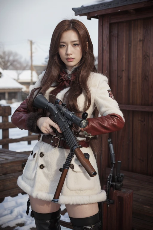 Huntress girl holding rifle，Snow Fighting Pose,East,Blade and Soul,Ink style,Long red hair,Leather and fur coats,cold,artwork,3d,4K,detailed,Practical