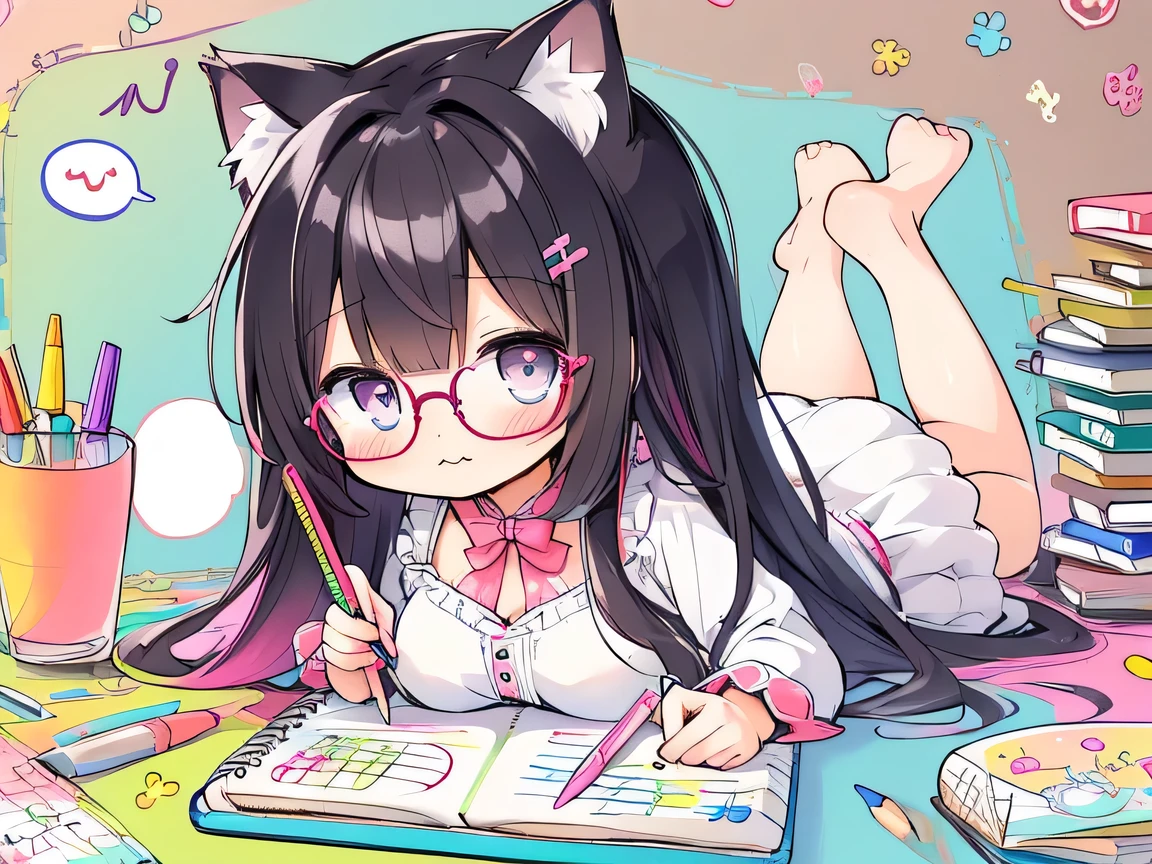 ((masterpiece)), ((best quality)), (ultra-detailed), ((kawaii)), cute, (lovely), illustration, anime style, (chibi:1.2), white sundress, (beautiful eyes), beautiful black hair, (long hair), (cat ears:1.1), slim, slender, glasses, medium breast, (on stomach, lying), (holding colorful crayons:1.3), (:3:1.2), (Doodling in a large sketchbook:1.6), (spoken musical note), Looks like a lot of fun.