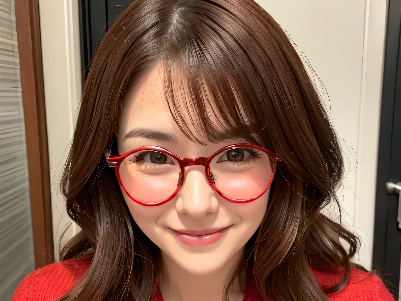 A woman in her 30s with an innocent expression、smile、Red glasses、Brown Hair、