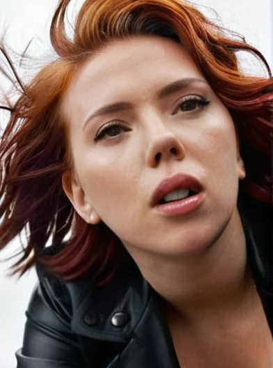 1 girl. Scarlett Johanson. Red hair. Black jacket. Neckline. Sweating. Perspiration. Wet. Orgasm face. Open mouth. Looking to the camera. Cloudy sky. Looking down. Low angle. At chest height. ((View from below))