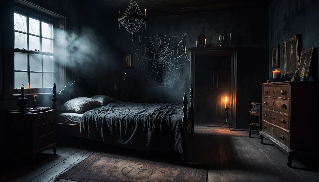 a simple small bedroom,a spooky atmosphere,morning light,detailed interior,shadows,fog,cobweb,dusty,candle light,oil painting,cinematic lighting,dramatic shadows,moody colors,cool tones,muted palette,grunge,gritty,occult elements,occult symbols,dark academia aesthetic
