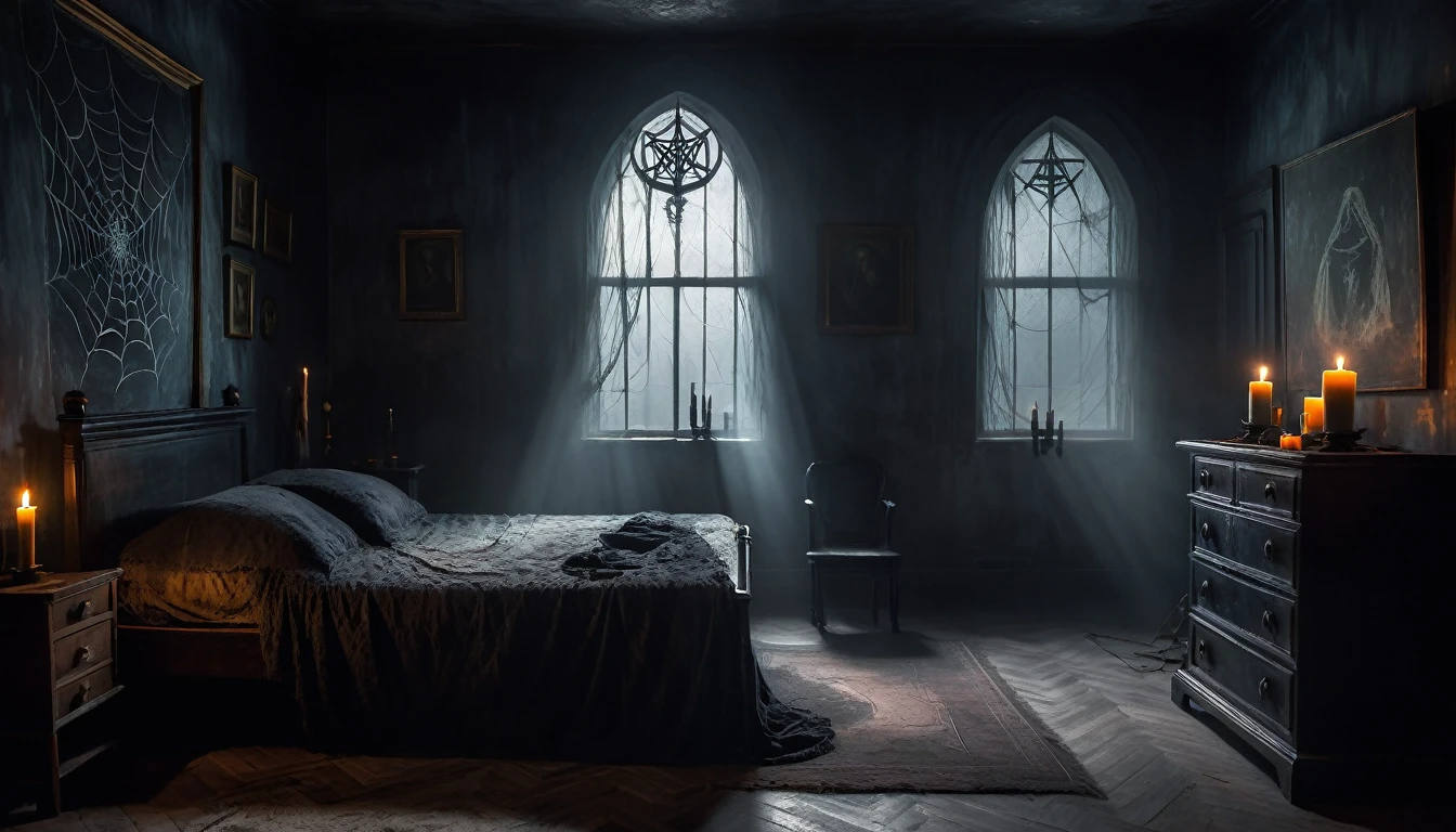 a simple small bedroom,a spooky atmosphere,morning light,detailed interior,shadows,fog,cobweb,dusty,candle light,oil painting,cinematic lighting,dramatic shadows,moody colors,cool tones,muted palette,grunge,gritty,occult elements,occult symbols,dark academia aesthetic