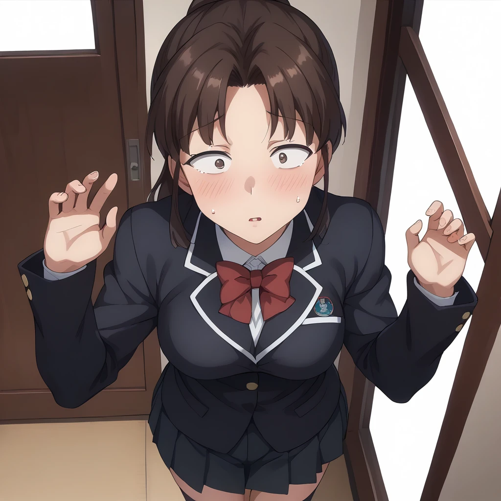 source_anime,
blush,sweat,surprised,from above,half-closed eyes,looking at viewer,parted lips,
solo,
YuukoKawashima,brown eyes,sanpaku,1girl,black brown hair,ponytail,
school_uniform,black blazer,red bowtie,
pleated_skirt,black skirt,
black socks,
full body,standing,
