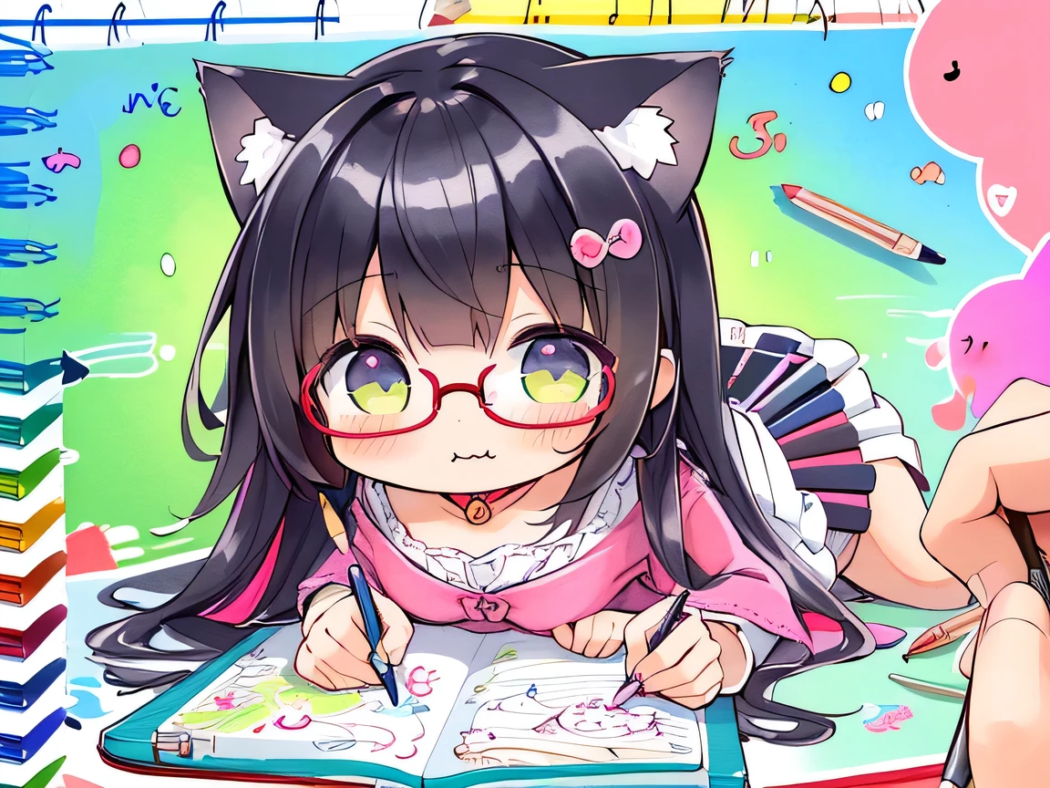 (masterpiece)), ((best quality)), (ultra-detailed), ((kawaii)), cute, (lovely), illustration, anime style, (chibi:1.2), white sundress, (beautiful eyes), beautiful black hair, (long hair), (cat ears:1.1), slim, slender, glasses, medium breast, (on stomach, lying), (holding colorful crayons:1.3), (:3:1.2), (Doodling in a large sketchbook:1.6), (spoken musical note:1.2), (Looks like a lot of fun:1.3).