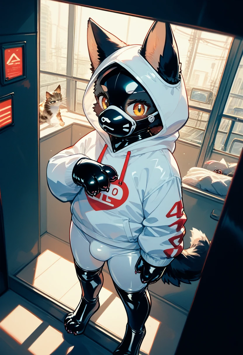 Highest quality, Highest quality, High quality illustrations, masterpiece, Ultra-high resolution, Detailed Background, Games Room, Absurd, Perfect Anatomy, performance, Good lighting, Shadows in the movies(kemono, Furry PersonifiCation), Cat, Dark Skin, Rubber suit, Rubber suit, latex, neon, neonライト, neonカラー, Rubber spats, White rubber hoodie, Rubber mask, ribbon, Embarrassing, Null bulge, male, juvenile, From above