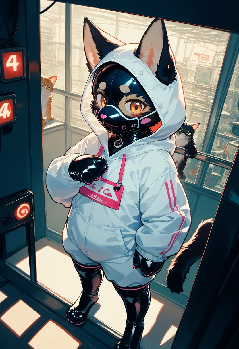 Highest quality, Highest quality, High quality illustrations, masterpiece, Ultra-high resolution, Detailed Background, Games Room, Absurd, Perfect Anatomy, performance, Good lighting, Shadows in the movies(kemono, Furry PersonifiCation), Cat, Dark Skin, Rubber suit, Rubber suit, latex, neon, neonライト, neonカラー, Rubber spats, White rubber hoodie, Rubber mask, ribbon, Embarrassing, Null bulge, male, juvenile, From above
