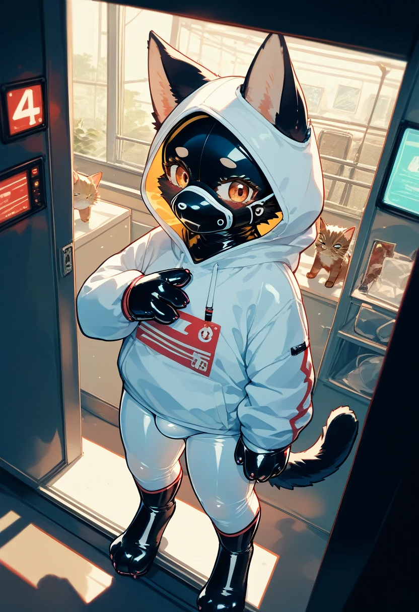 Highest quality, Highest quality, High quality illustrations, masterpiece, Ultra-high resolution, Detailed Background, Games Room, Absurd, Perfect Anatomy, performance, Good lighting, Shadows in the movies(kemono, Furry PersonifiCation), Cat, Dark Skin, Rubber suit, Rubber suit, latex, neon, neonライト, neonカラー, Rubber spats, White rubber hoodie, Rubber mask, ribbon, Embarrassing, Null bulge, male, juvenile, From above