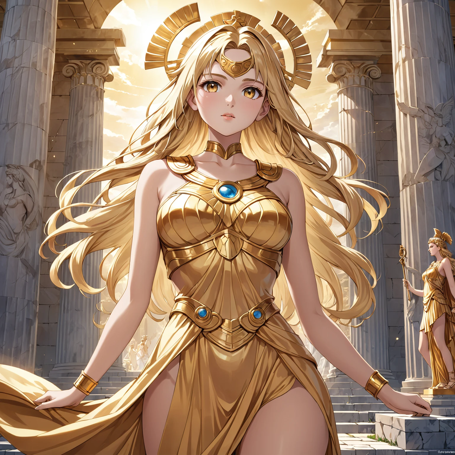 Arafed woman in a golden dress standing in front of a stone structure, greek goddess, Beautiful goddess, roman goddess, golden goddess athena, young goddess, golden goddess, goddess of greek mythology, karol behind uhd, blonde goddess, giant awesome goddess shot, old greek goddess, portrait of a Beautiful goddess, greek goddess athena, extremely detailed goddess shot, 2D, masterpiece, best quality, anime, highly detailed face, highly detailed background, Perfect lighting