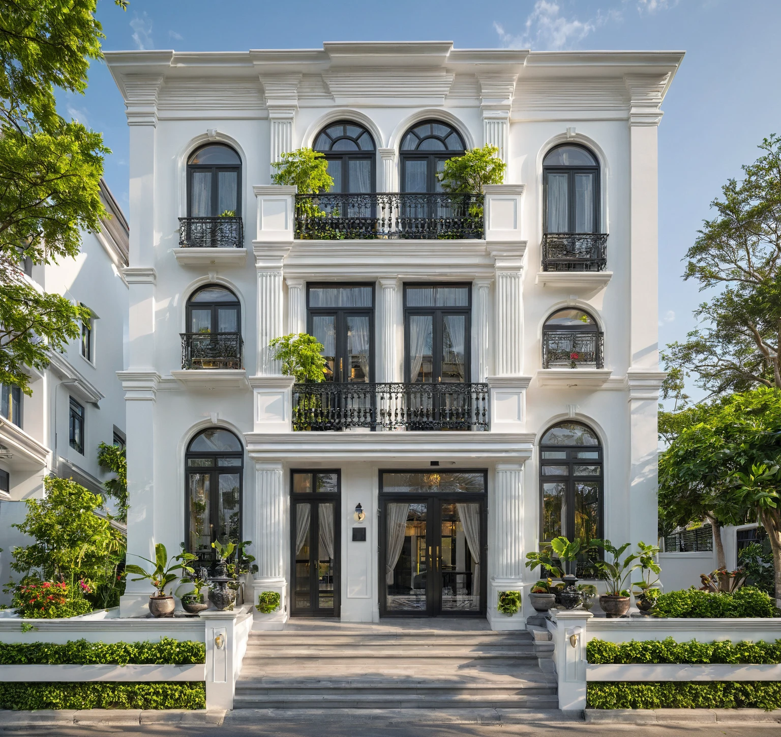neo classical villa on street, (daylight), tropical tree, vivid colour, streetcapes, white tone, black detail, white wall, large glass door, warm interior lighting, best quality, masterpiece, ultra realistic