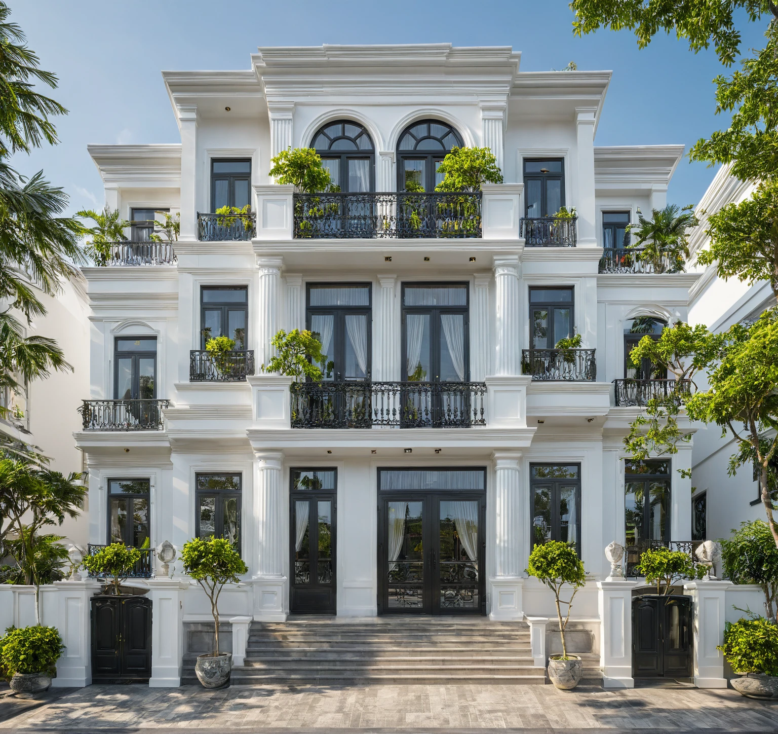 neo classical villa on street, (daylight), tropical tree, vivid colour, streetcapes, white tone, black detail, white wall, large glass door, warm interior lighting, best quality, masterpiece, ultra realistic