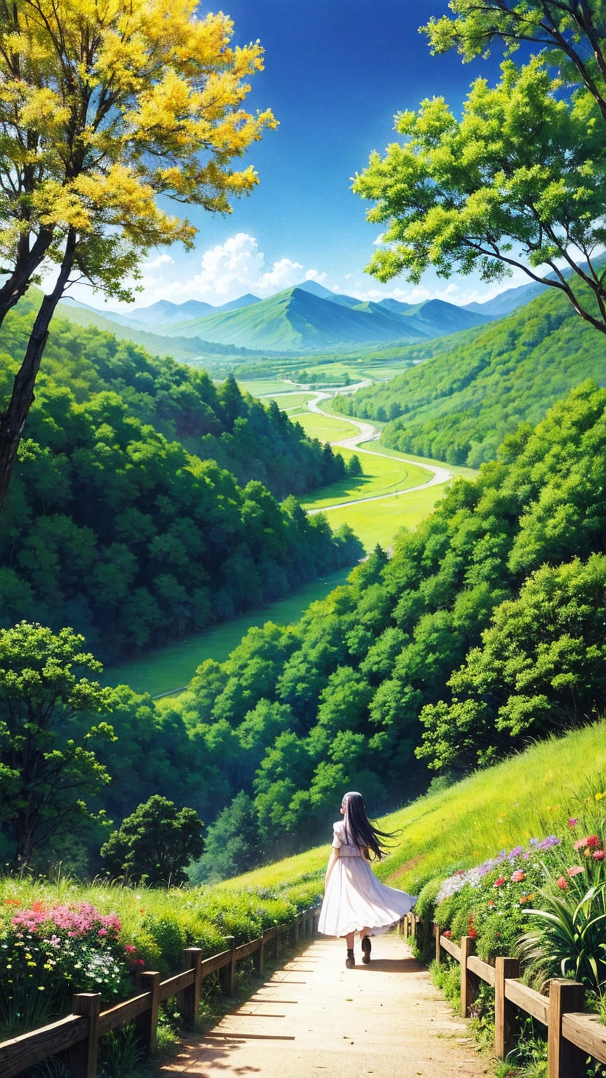 anime-style illustration, A serene landscape featuring a young woman standing on a path, overlooking terraced mountainous valley and a magnificent super mega castle. The scene is depicted in a highly saturated and vibrant style, intense and rich colors vivid. The lush greenery, cascading hills, rendered with strong exaggerated colors that enhance the natural beauty. The sky above is clear blue sky with few clouds and distant mountain peaks. She is walking along a path illuminated by stars, creating a magical glow. The grassland is filled with glowing flowers, fireflies, and distant mountains under the night sky.