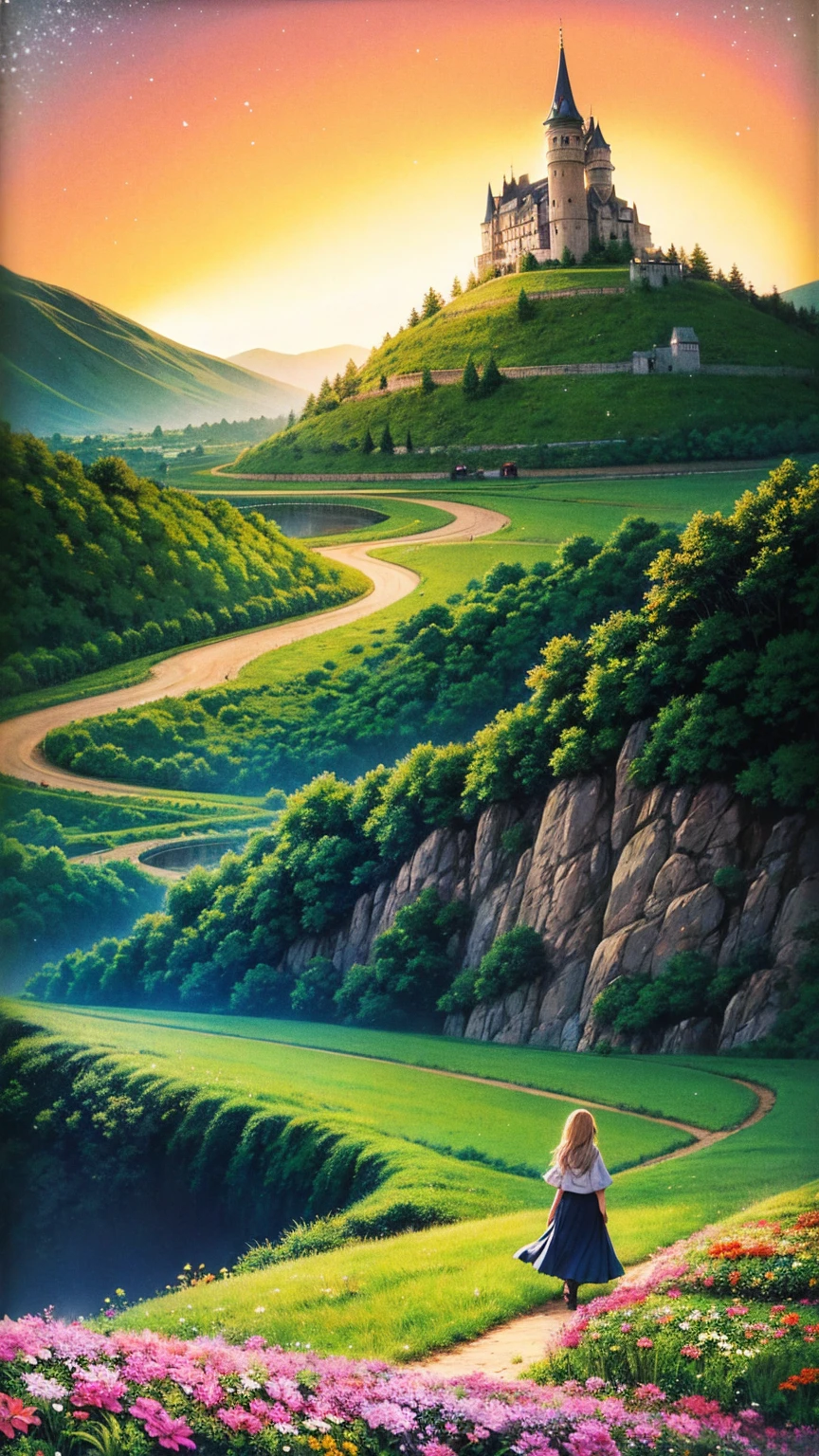 anime-style illustration, A serene landscape featuring a young woman standing on a path, overlooking terraced mountainous valley and a magnificent super mega castle. The scene is depicted in a highly saturated and vibrant style, intense and rich colors vivid. The lush greenery, cascading hills, rendered with strong exaggerated colors that enhance the natural beauty. The sky above is clear blue sky with few clouds and distant mountain peaks. She is walking along a path illuminated by stars, creating a magical glow. The grassland is filled with glowing flowers, fireflies, and distant mountains under the night sky.