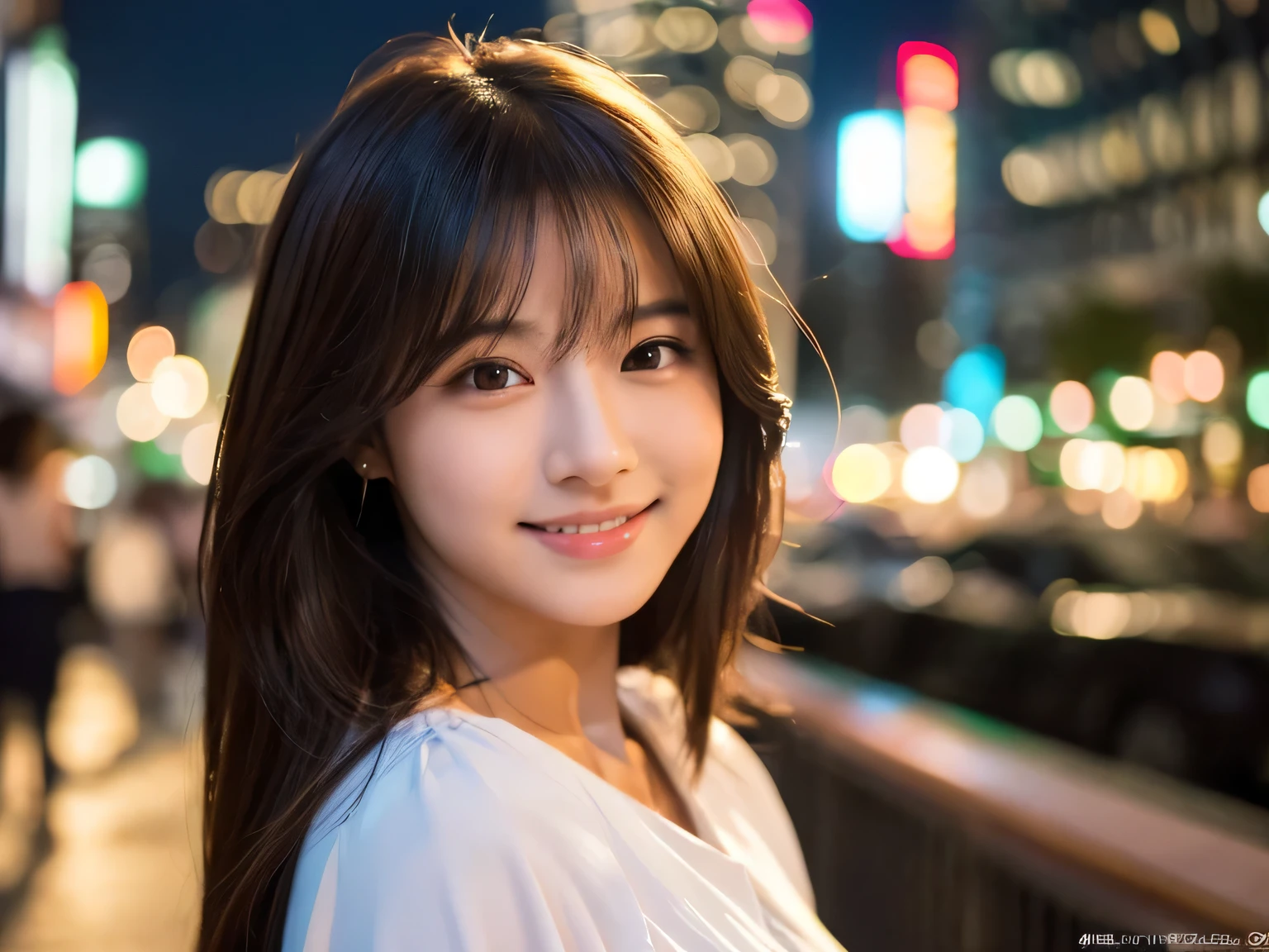 girl, (Wearing a white blouse:1.2), Beautiful Japanese actresses, (RAW Photos, Highest quality), (Realistic, Photorealistic:1.4), masterpiece, Very delicate and beautiful, Very detailed, 2k wallpaper, wonderful, finely, Very detailed CG Unity 8k wallpaper, Very detailedな, High resolution, Soft Light, beautiful detailed girl, Very detailed eye and face, Beautiful and detailed nose, Beautiful and detailed, Cinema Lighting, (Night cityscape background 1.3), City lights, Perfect Anatomy, Slightly rounded body, smile, Face the front completely, Looking at the camera