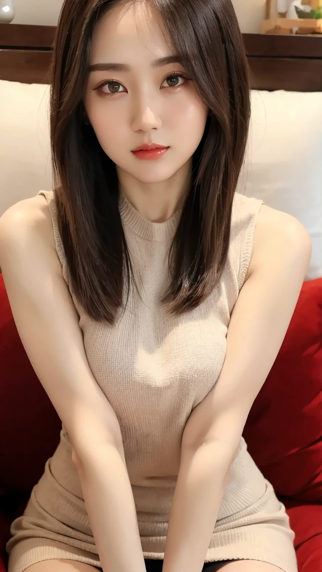 ((Highest quality,4K,High resolution,masterpiece:1.2)), 1 female, Big Breasts, Improve her overall look. (Brown hair short bob), ((Exquisite detail)), (Cat Paw Pose), (Standing still with confidence), (Full-body showcase), (Show your whole body), (Sleeveless knit), (mini skirt), Scenery of the city.