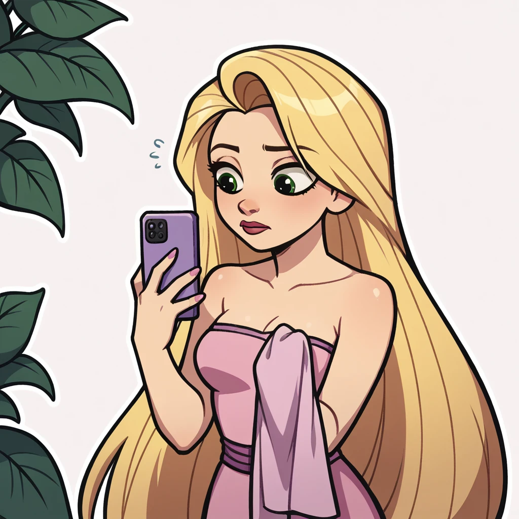 (score_9, score_8_up), Rapunzel, wrapped in towel, medium breasts, holding phone