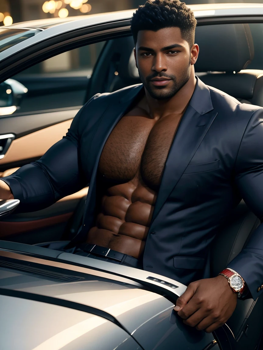 8K,8K resolution,2 Muscular Europeans, handsome man,charming eyes,dark skin,beautiful, smooth and shiny,Full muscles,Thick body hair, (wearing a stylish suit),big bag highlights,Excellent j8,emphasize,Driving a luxury convertible,The car is full of roses,Two men smiling happily,professional lighting,Professional photography,Realistic photos,realistic model,realistic art,Perfect hand details