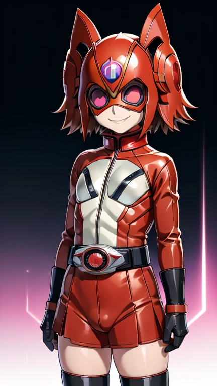 (8k),(masterpiece),(Japanese),(8-year-old girl),((innocent look)),((Childish)),From the front,smile,cute,Innocent,Kind eyes,Flat chest, Namida Suzumeno,Kamen Rider,Red helmet, pale brown superhero mask,camisa,no Hair,night,dark, Neon light cyberpunk Konoha village