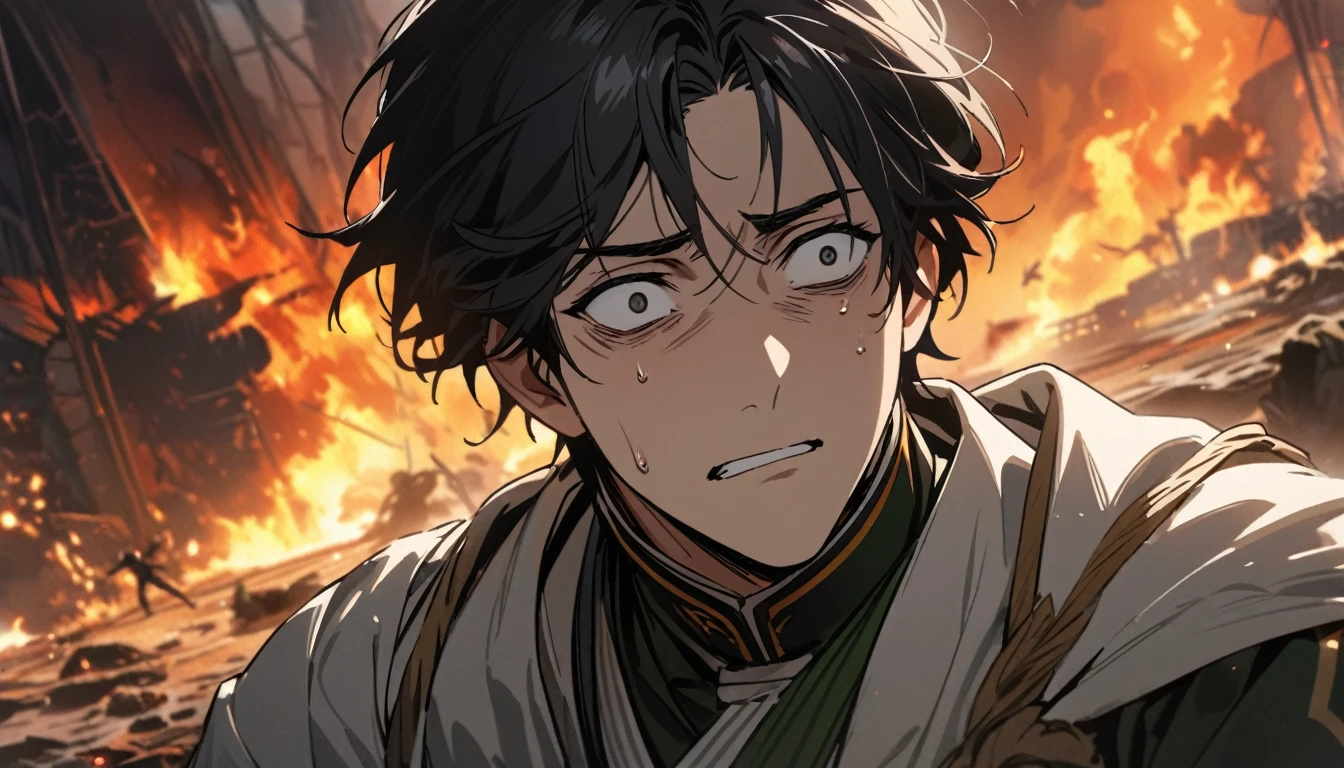 high resolution, An incomparable masterpiece, Detailed background, a handsome man with short black hair, black eyes, 4k, Masterpiece, bright Eyes, short hair, with a scared face, Fear is reflected in his eyes and the fire that he sees is also reflected in his eyes., disaster fear, But when he thought everything was lost, General Lasalle rescued him., General Lasalle came to the rescue, you can see him in the image