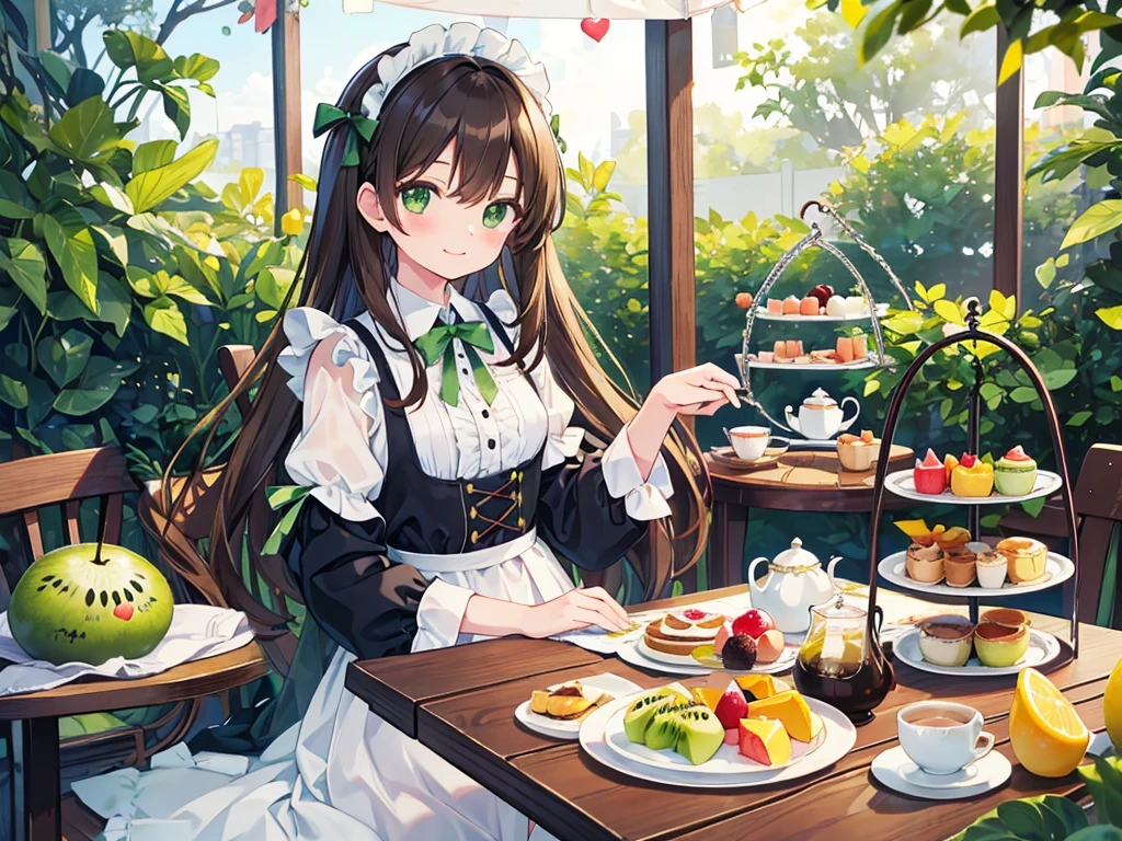 kawaii, anime, Cute, hyper quality, highly detailed, 16k, Front facing, Clarity, smile, girl, dark brown long hair, green eyes, highlight on eyes, Kiwi fruit, Tea party, black tea, upper body, Afternoon tea, fruits, green kiwi, two kiwis, full of light, prism effect, heart accessories, angel wing accessories, ruffle ribbon, Maid clothes, sit on a chair, fruit and tea on the table, Fruit basket, garden party, glass teapot, birds chirping, tea party in the garden, table cloth, golden kiwi, kiwi, sliced kiwi,