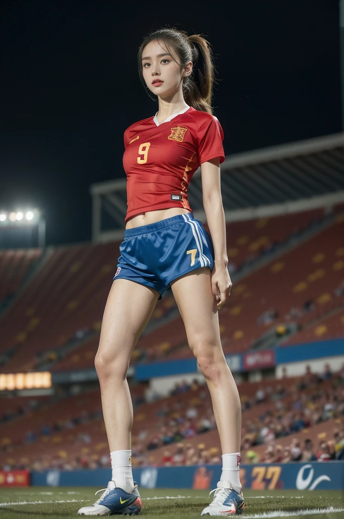 (((best quality))),(((ultra detailed))),(((masterpiece))),illustration,((1 beautiful girl,female footballer,solo)),((small breasts,flat chest)),((slim,thin)),summer night,stadium,crowded stands,enthusiastic spectators,football match,(short ponytail:1.2),(short sleeves:1.2),((Spain team kit,red shirt,blue shorts)),(slender legs:1.2),(football:1.3),fluid movements,powerful,sweat,forehead,exhaustion,passion for football,purposeful running,electric atmosphere,crowd roar,critical juncture,pressure,undeterred,floodlights,luminous glow,long shadows,drama,breathtaking sight,raw passion,unbridled energy,determination,skill,embodiment of sport's spirit,strength,resilience of human spirit,(standing:1.3),((from front,full body))