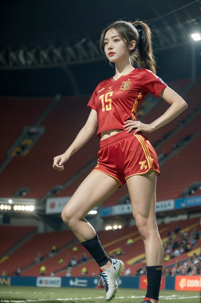(((best quality))),(((ultra detailed))),(((masterpiece))),illustration,((1 beautiful girl,female footballer,solo)),((small breasts,flat chest)),((slim,thin)),summer night,stadium,crowded stands,enthusiastic spectators,football match,(short ponytail:1.2),(short sleeves:1.2),((Spain team kit,red shirt,blue shorts)),(slender legs:1.2),(football:1.3),fluid movements,powerful,sweat,forehead,exhaustion,passion for football,purposeful running,electric atmosphere,crowd roar,critical juncture,pressure,undeterred,floodlights,luminous glow,long shadows,drama,breathtaking sight,raw passion,unbridled energy,determination,skill,embodiment of sport's spirit,strength,resilience of human spirit,(standing:1.3),((from front,full body))