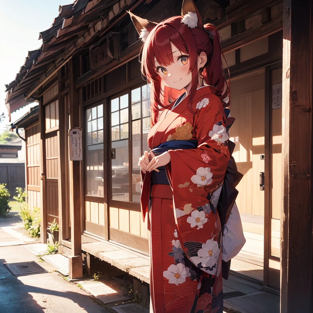 1girl with long ((!red hair))), amber eyes, fox ears, slender body, fox tail, ((red kimono)), sandals, upper body, showing heart by hands, Japanese house on background, smiling