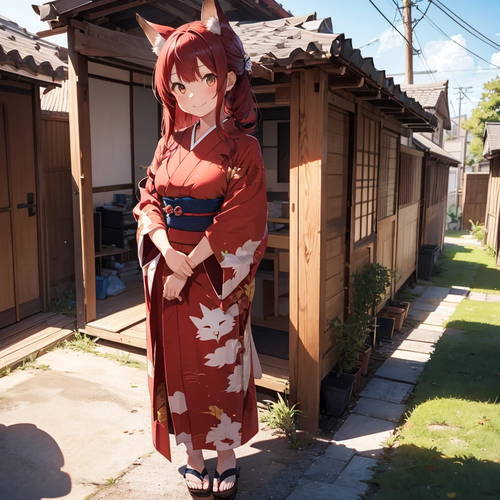1girl with long ((!red hair))), amber eyes, fox ears, slender body, fox tail, ((red kimono)), sandals, upper body, showing heart by hands, Japanese house on background, smiling