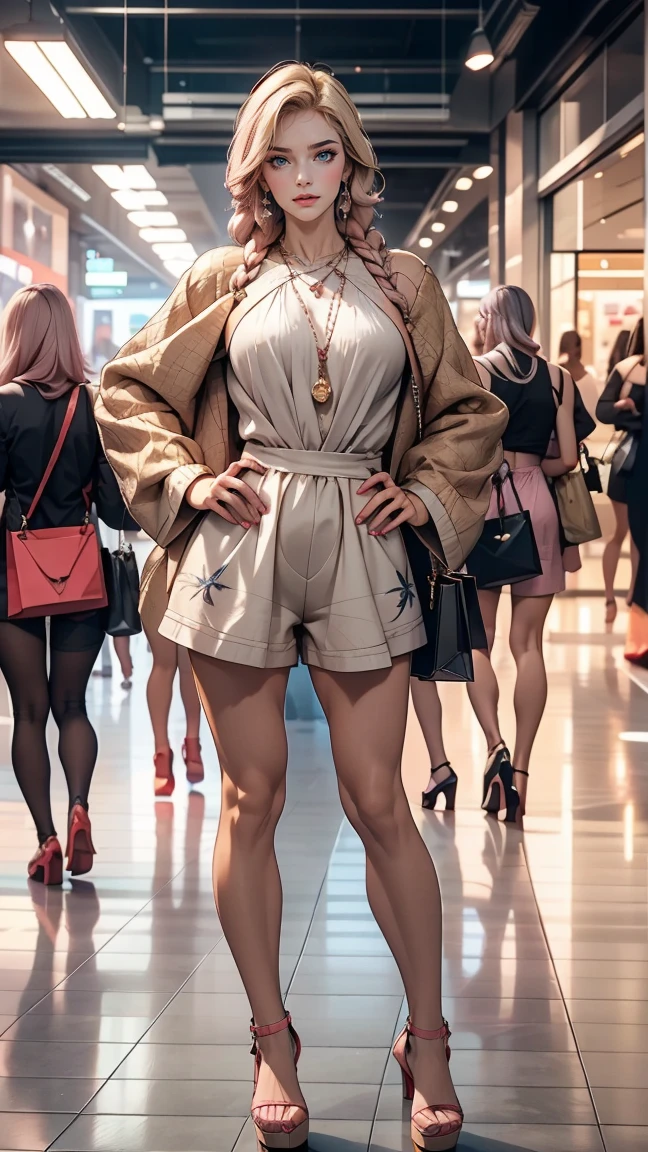 Attractive 27 year old woman, blonde Hair, long hair, braids, Pink inner color((colored inner hair)), Wear sexy romper, Wearing platform heels, smile, Sexy proportions, power pose, hands on hips, At the shopping mall, from behind.