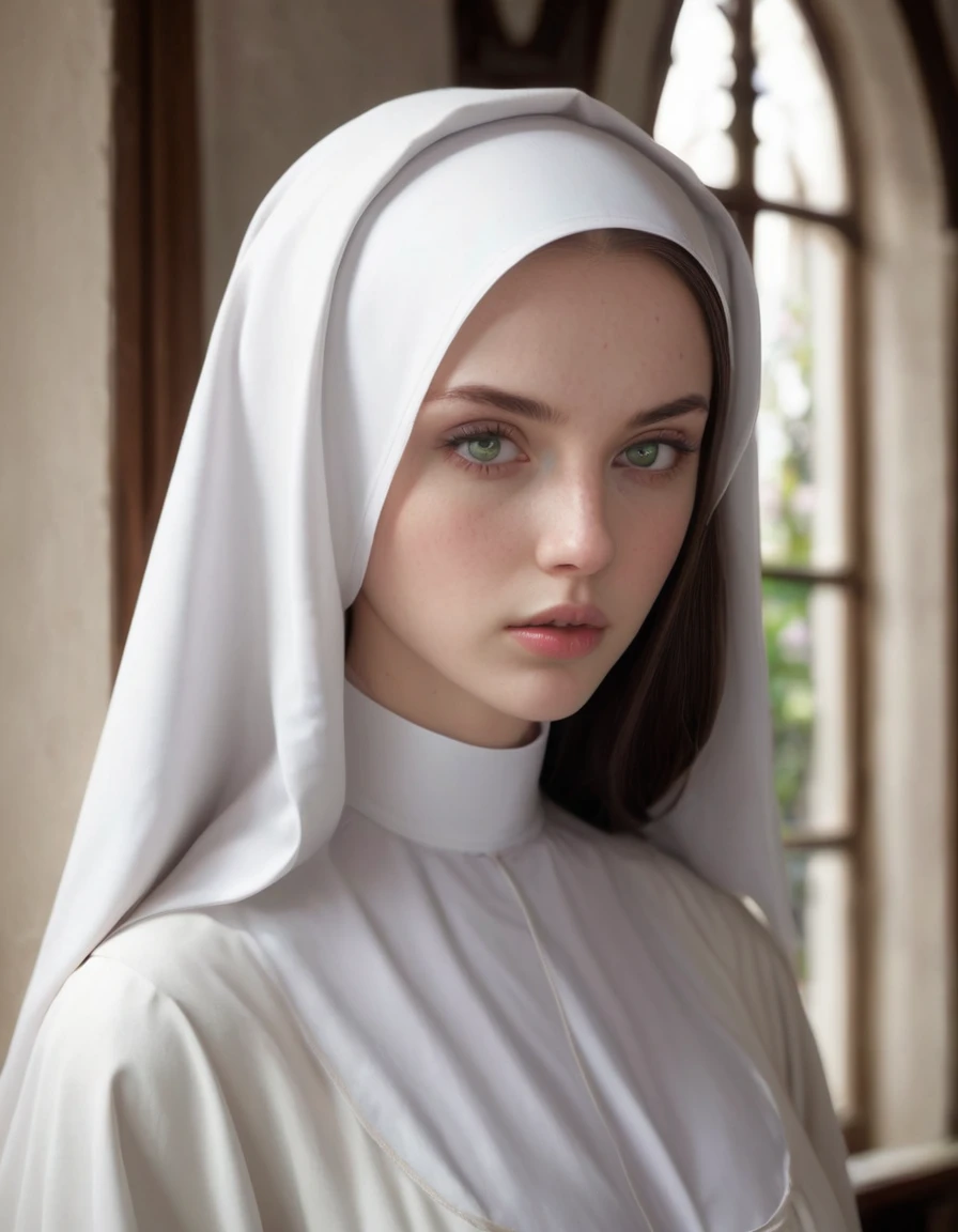 a young, beautiful woman dressed as a nun with exaggeratedly large breasts exposed, standing in a dimly lit room with classical architectural elements. The woman has soft, fair skin and a delicate face with large, expressive green eyes and slightly parted pink lips. Her long brown hair peeks out from under a white wimple, framing her face with gentle waves. She is wearing a tight-fitting, white nun's habit that accentuates her curvaceous figure, with the top part pulled down to reveal her breasts. The background features dark wooden furniture, paintings, and an arched doorway, with sunlight streaming in from a window on the right, casting soft shadows and highlights on her form. The overall atmosphere is serene and intimate, with a blend of realism and anime art styles.