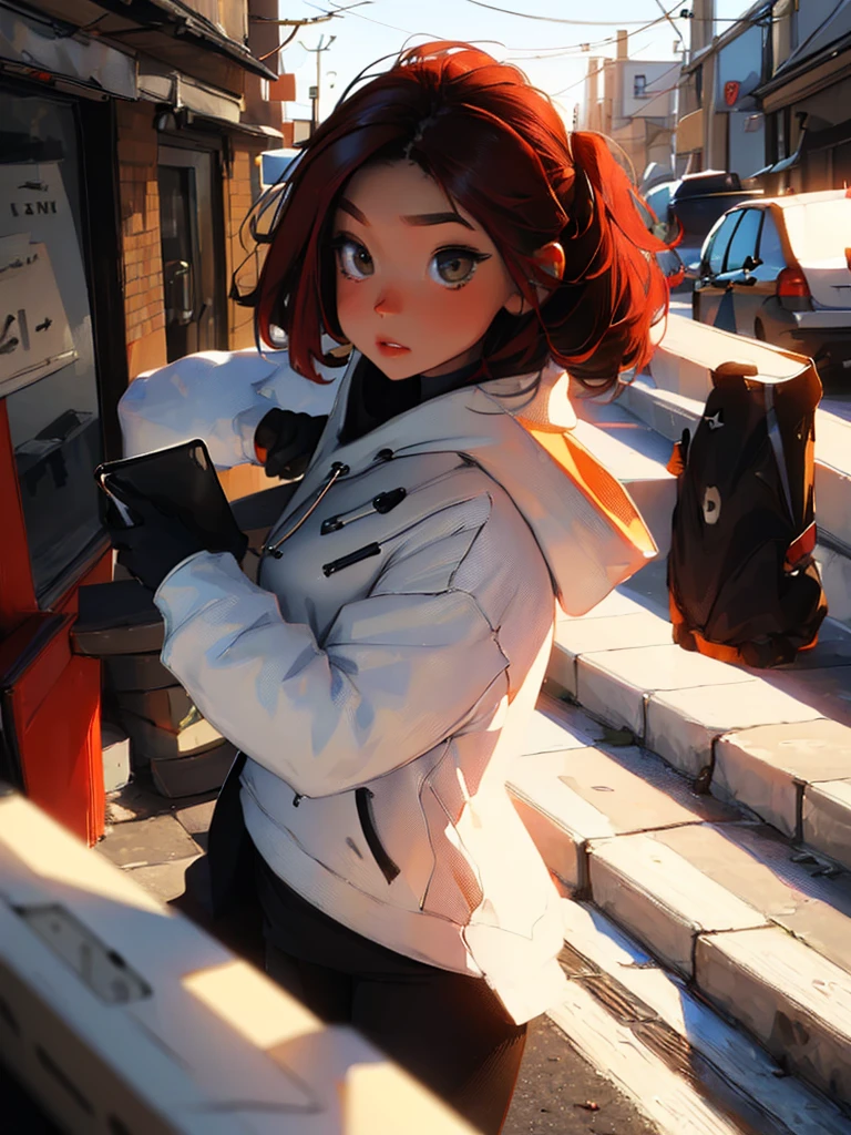 (((onli one woman))) girl, red hair, Bob style hair, white skin, light brown eyes, (((black gloves))), (((black hoodie))), black pants with straps (((Girl using smartphone)))