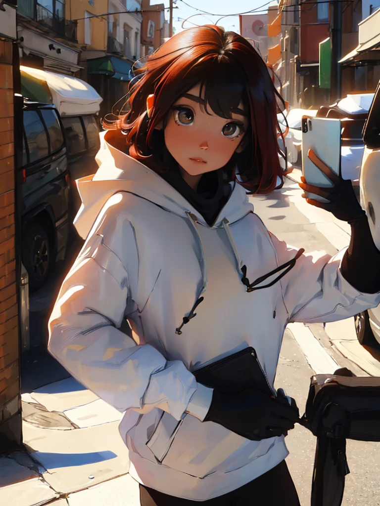 (((onli one woman))) girl, red hair, Bob style hair, white skin, light brown eyes, (((black gloves))), (((black hoodie))), black pants with straps (((Girl using smartphone)))