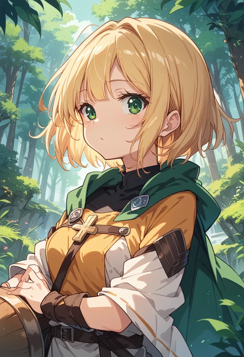 BREAK Perfect Anatomy、(High resolution:1.2)、Incredible illustrations、(Cute illustrations:1.2)、 (Beautiful background(deep in the forest)) 1 girl(Blonde hair, short bob cut, green eyes)
Large cloak, shield shoulder strap with cross, light armor, buster sword
