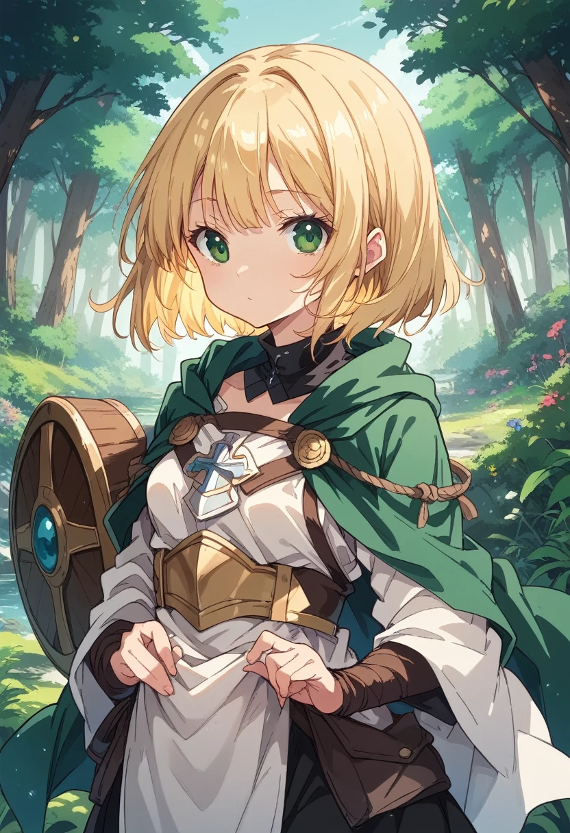 BREAK Perfect Anatomy、(High resolution:1.2)、Incredible illustrations、(Cute illustrations:1.2)、 (Beautiful background(deep in the forest)) 1 girl(Blonde hair, short bob cut, green eyes)
Large cloak, shield shoulder strap with cross, light armor, buster sword
